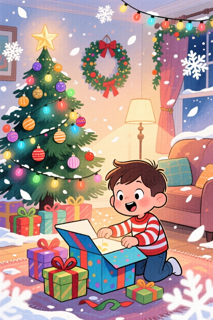 A little boy opening presents on Christmas morning, in a living room bathed in the soft glow of tree lights, with soft snow or petals drifting gently through the scene, evoking pure holiday wonder and excitement.