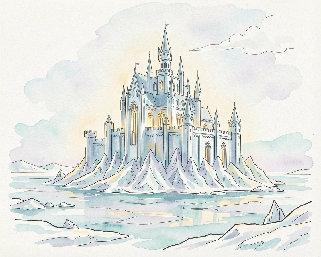 A castle built entirely of ice atop a frozen northern sea, a soft magical glow illuminating the entire scene.