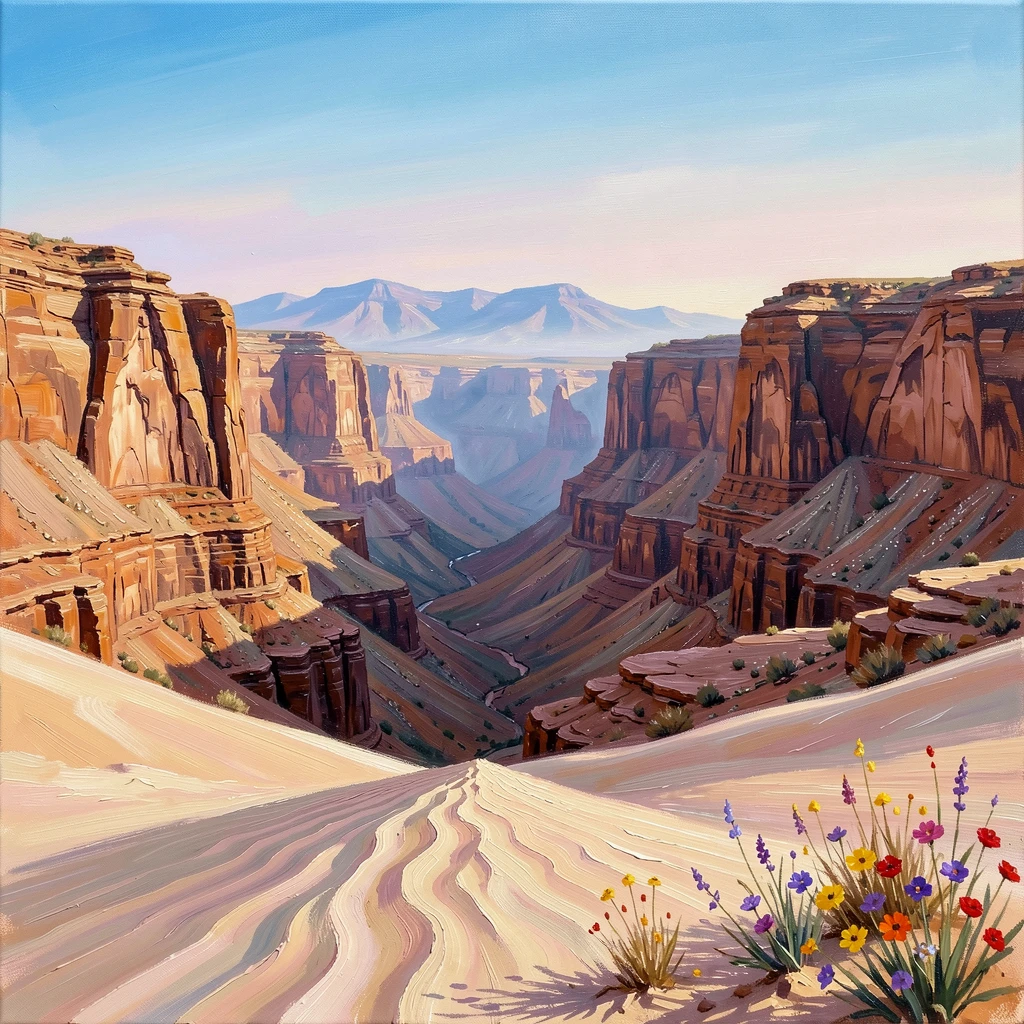 A desert canyon carved by ancient rivers, wind carving delicate ripples into the dune's surface, with distant mountains shimmering in the heat, just after rare rainfall, wildflowers briefly blooming.
