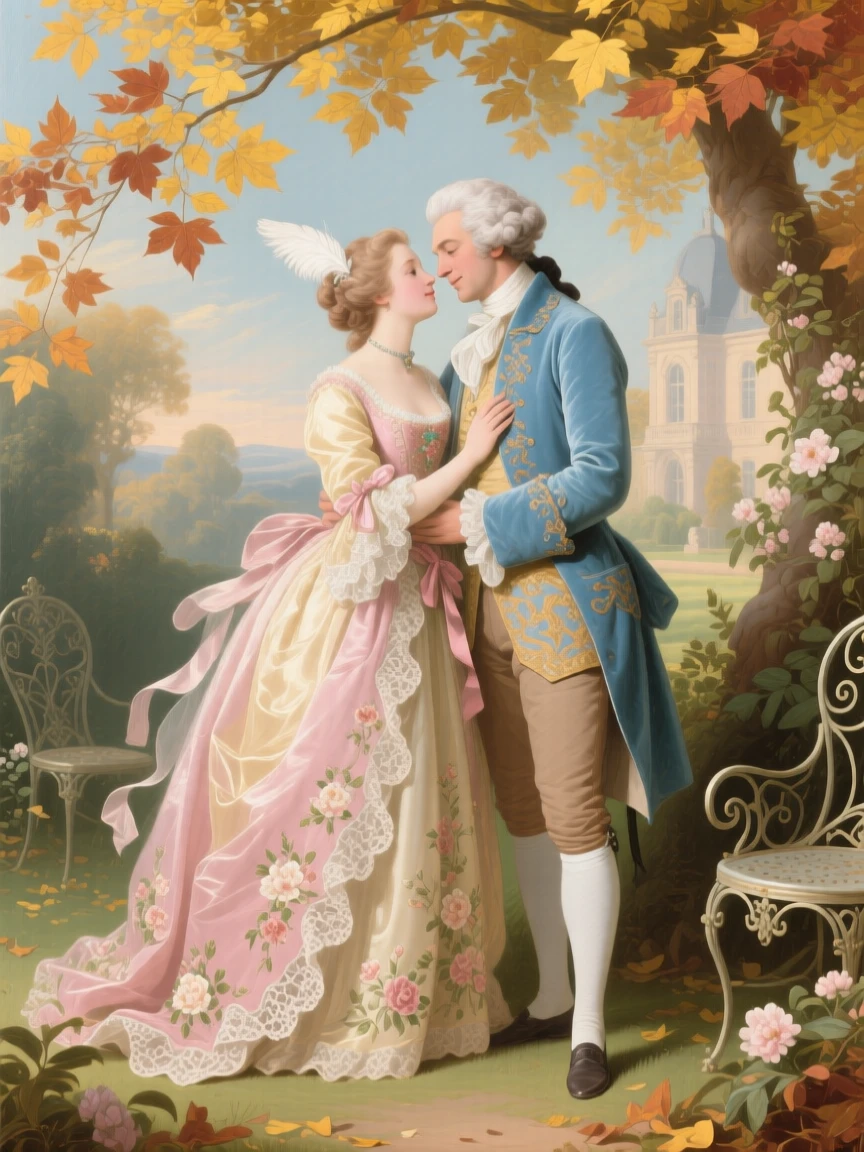 A couple sharing a quiet embrace beneath a canopy of autumn leaves  