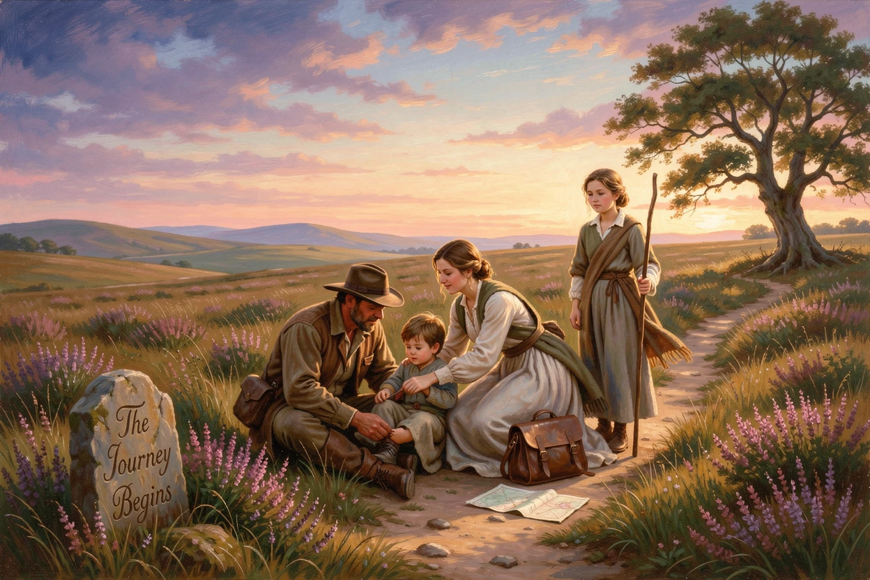 A family of travelers pauses beside an open heath stretching to the horizon at first light.