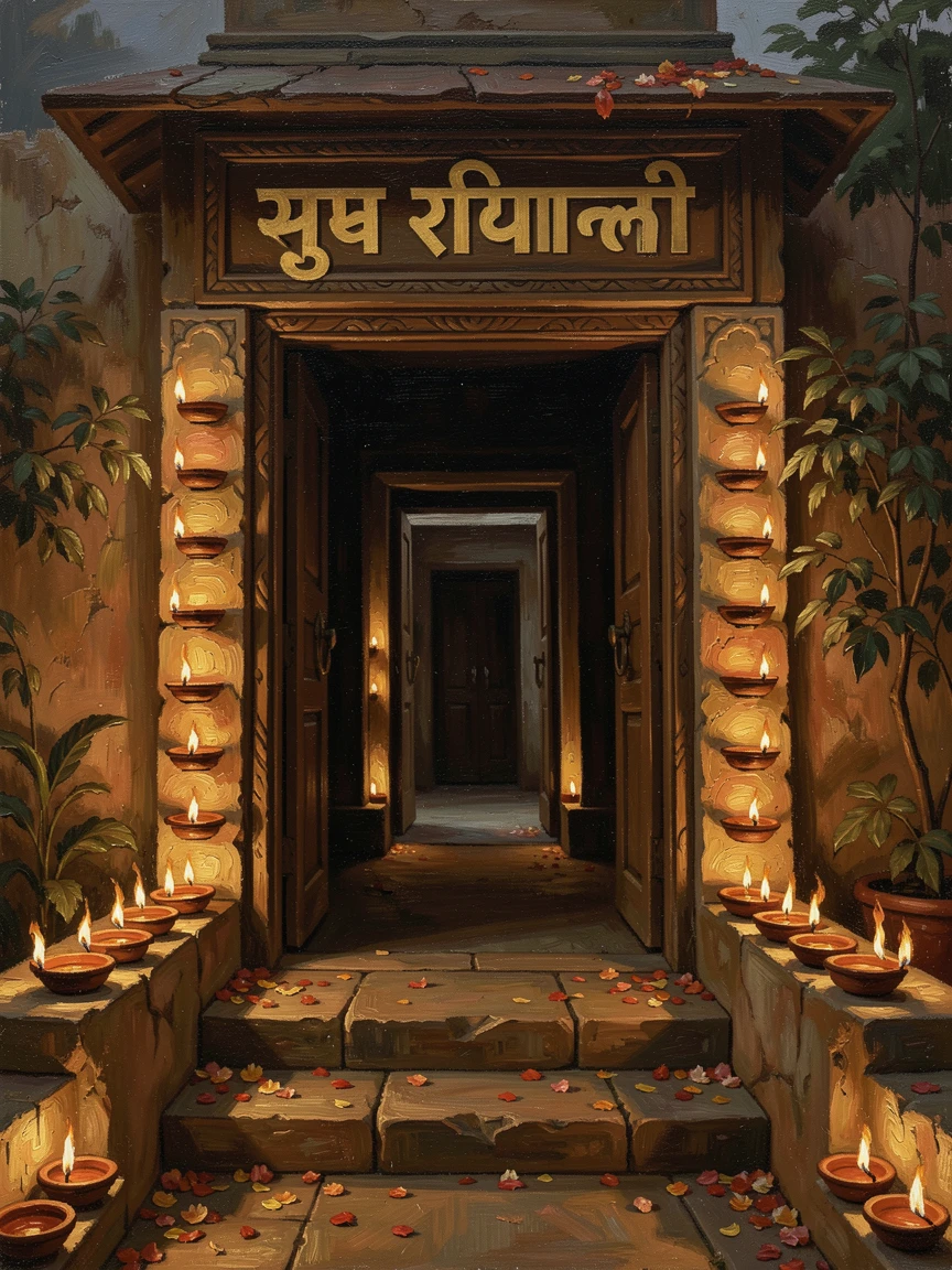 A Diwali celebration with rows of glowing oil lamps lining a doorway, as golden or twinkling light creates a magical atmosphere, offering a joyful, memorable seasonal scene for any collection