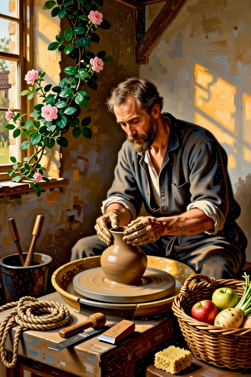 A potter shaping clay at the wheel in a sunlit workshop as ordinary labor takes on unexpected grace, set beside a rustic cottage framed by climbing roses, with baskets of produce, coils of rope, and tools of an honest trade; a tight, intimate framing draws focus to hands and faces at work, radiating simple contentment and honest labor.