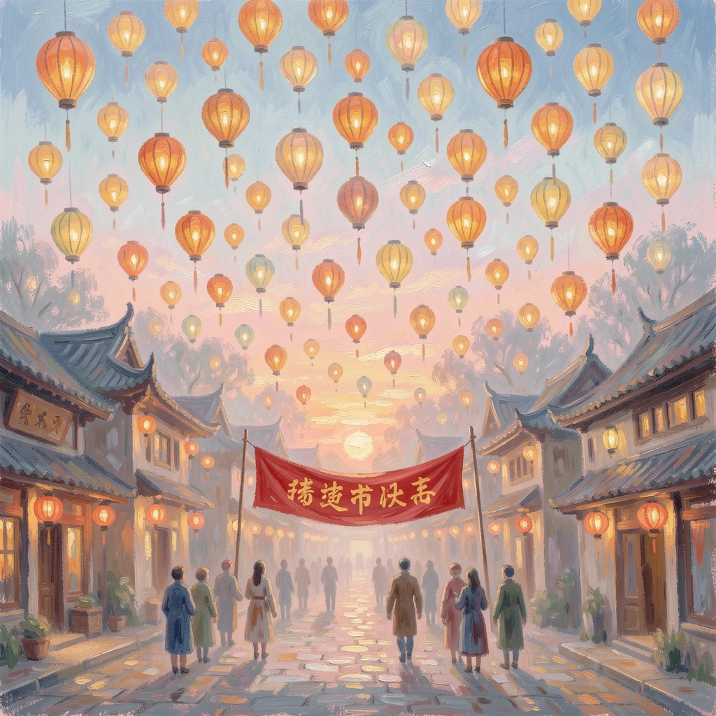 A traditional lantern festival in a Chinese village, thousands of glowing lanterns released into the night sky, as the first light of dawn breaks.