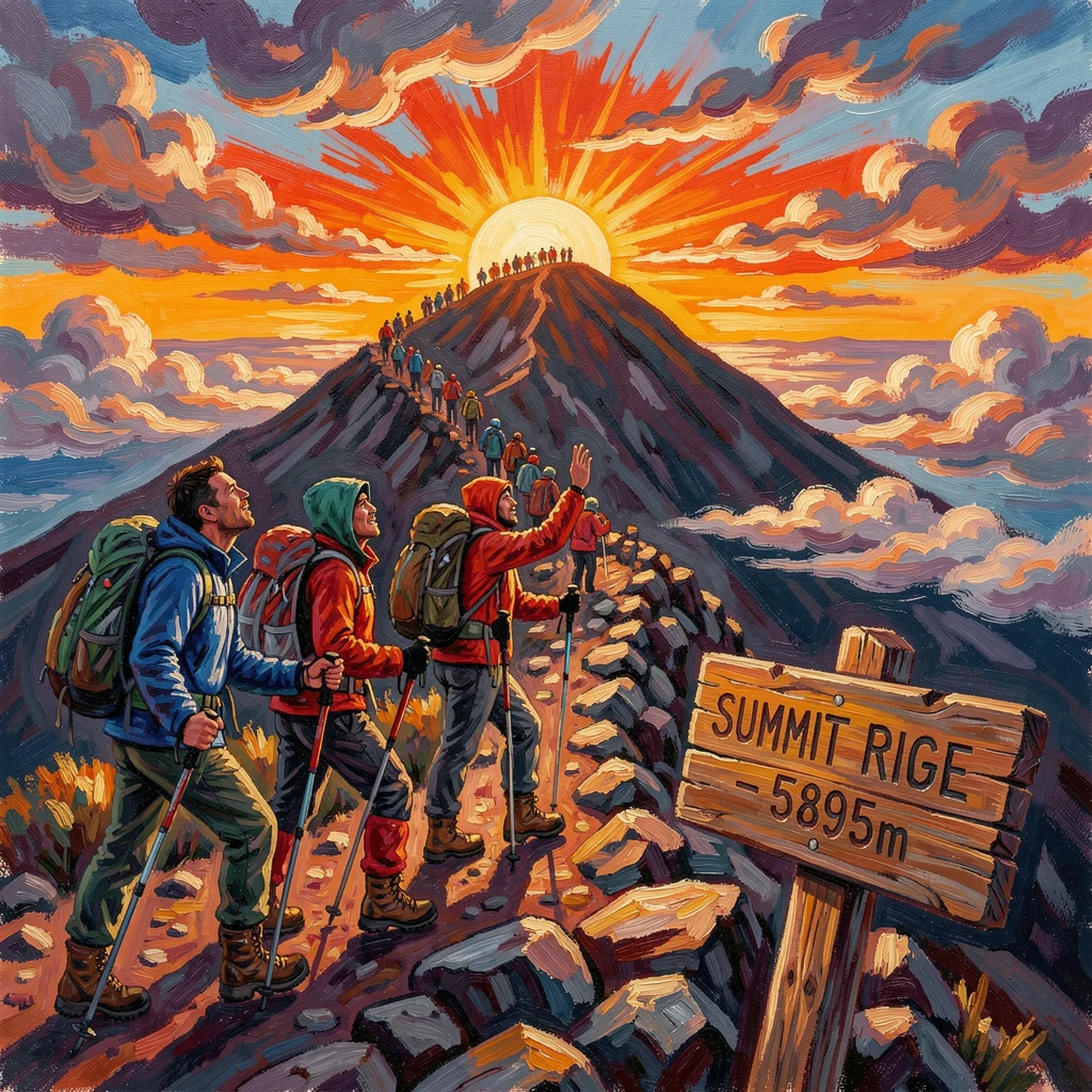 Trekkers reaching the summit ridge of Kilimanjaro just as the sun rises.