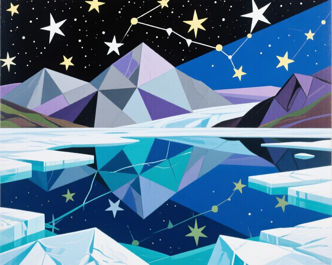 A candid medium shot of a still glacial lake beneath a star-filled night sky, at the peak of summer.