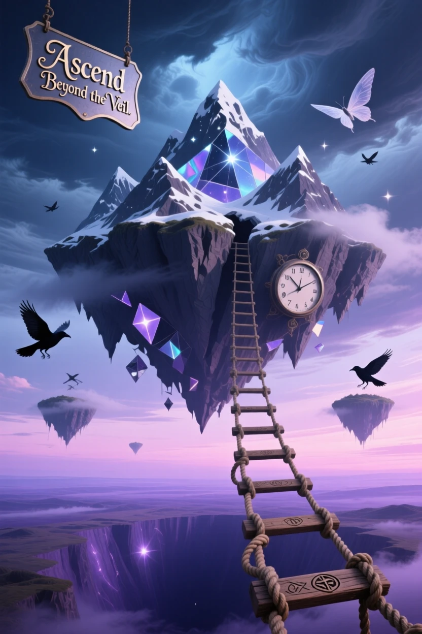 An inverted mountain range hanging from a solid sky drifts slowly across a lavender horizon, as a rope ladder dangles into empty space below.