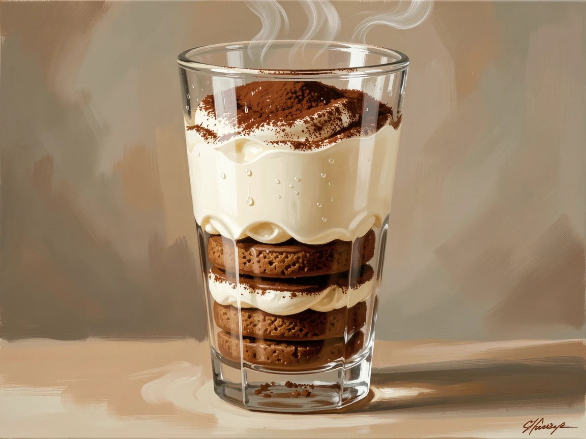 A decadent tiramisu sits layered in a glass, cocoa powder dusted delicately over creamy mascarpone and espresso-soaked ladyfingers, steam or condensation visible in small details that suggest the dish was just prepared.