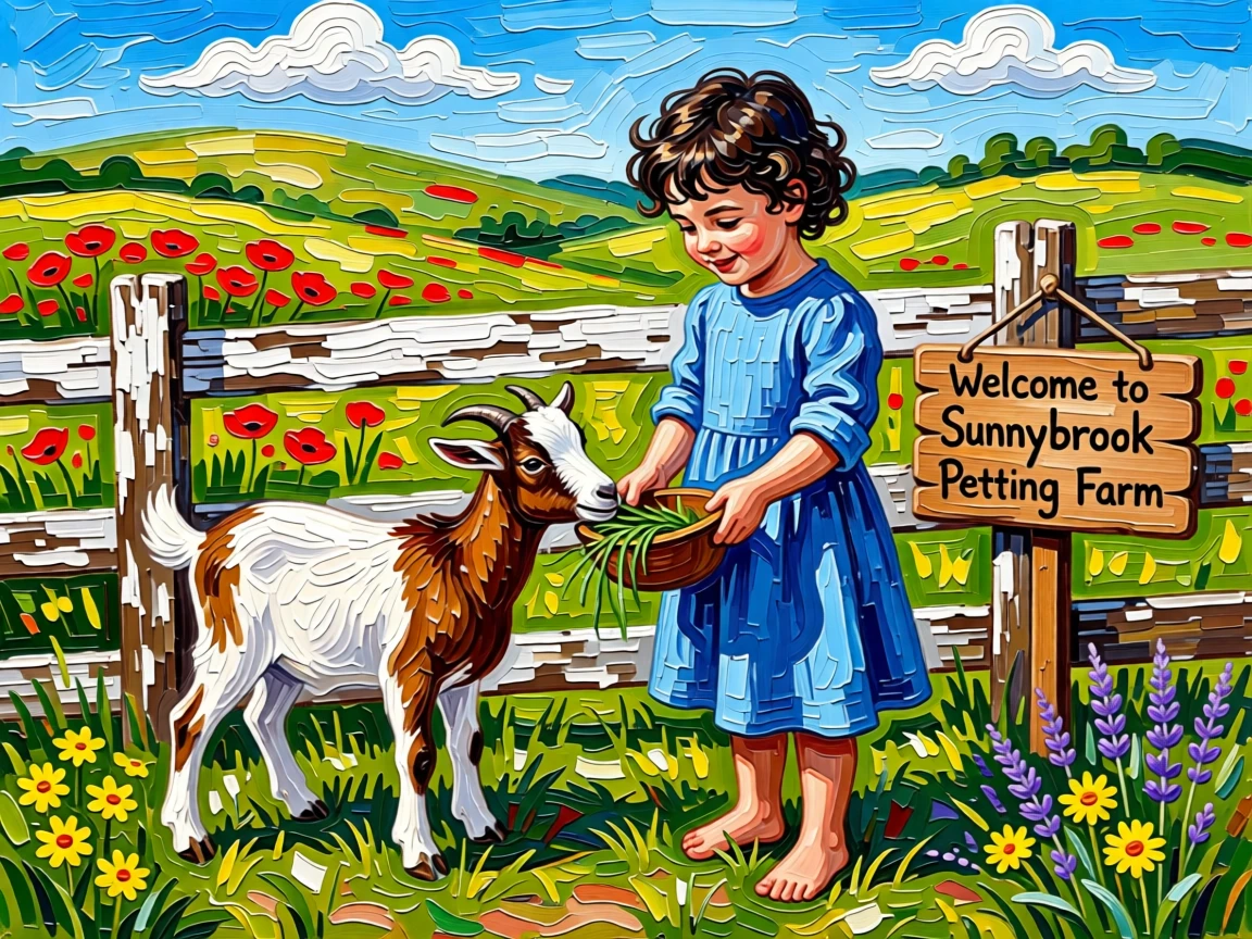 A child feeding a baby goat at a small countryside petting farm