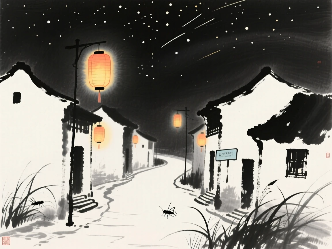 Lanterns glow warmly along a village street beneath a starlit sky, as crickets sing softly from the surrounding grass.