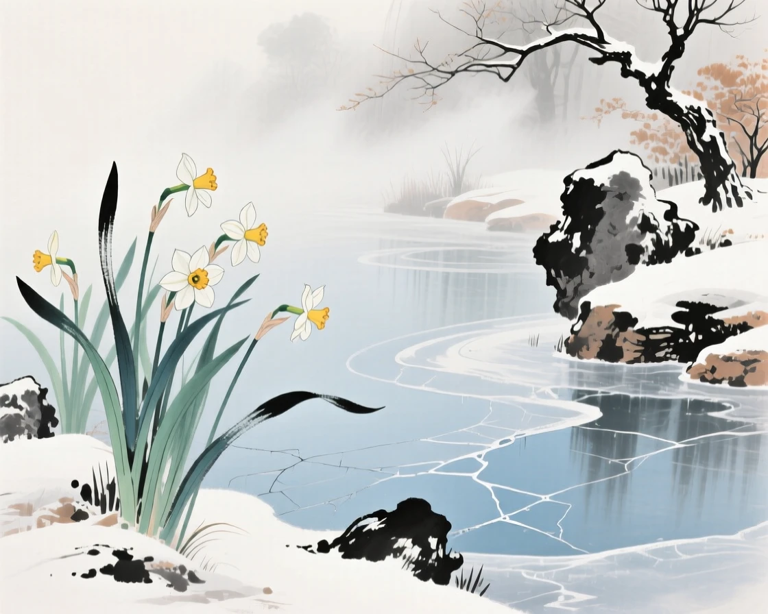Narcissus flowers blooming beside a frozen garden pond, through swirling morning fog, as winter frost settles.