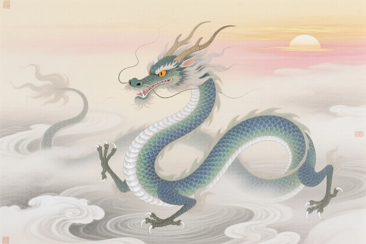 A serpentine water dragon with shimmering scales through a swirling mist at dawn