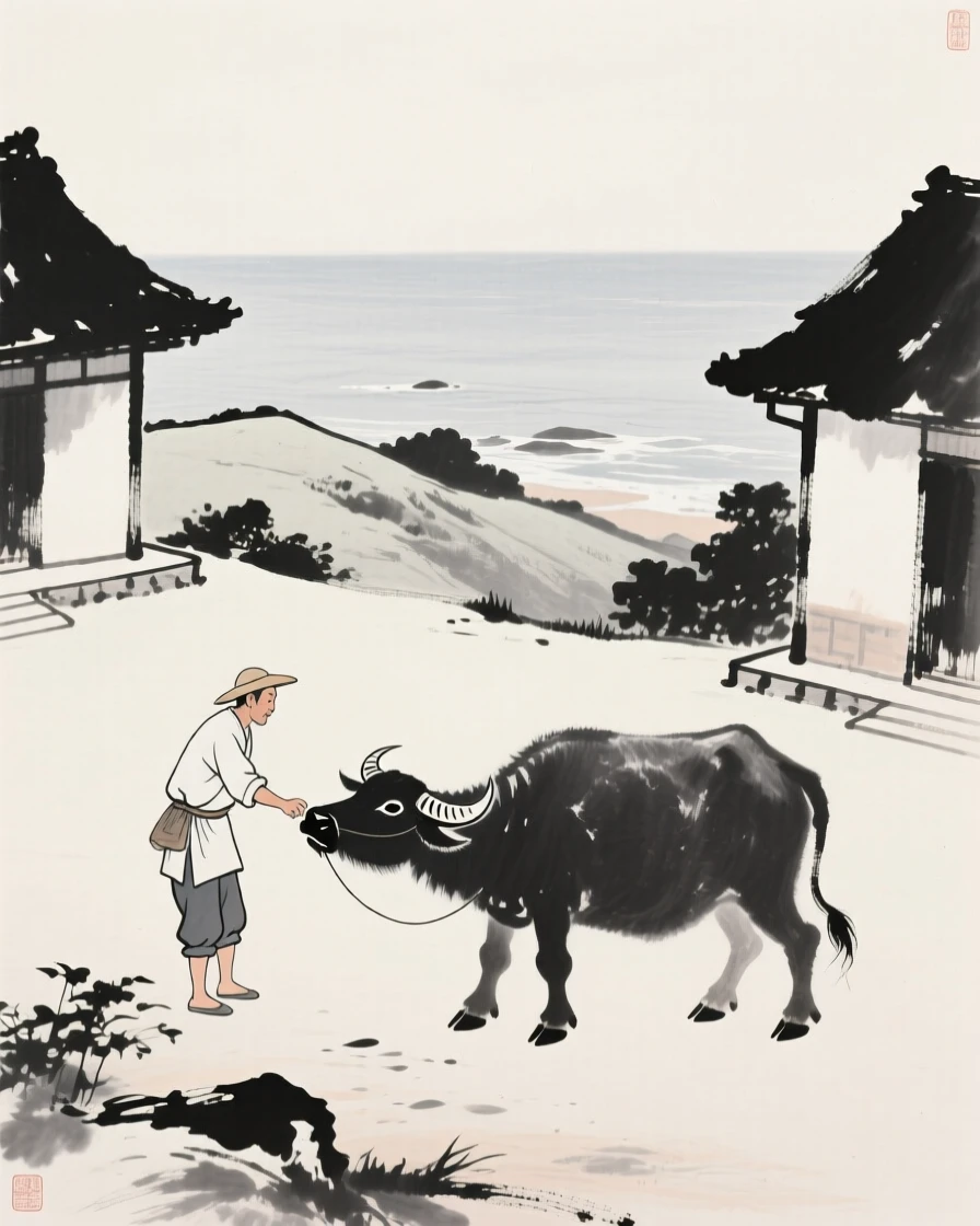 A farmer and his ox playing together in a quiet courtyard on a hillside overlooking the sea, composed with soft light falling across the scene, suggesting harmony between people and their surroundings.
