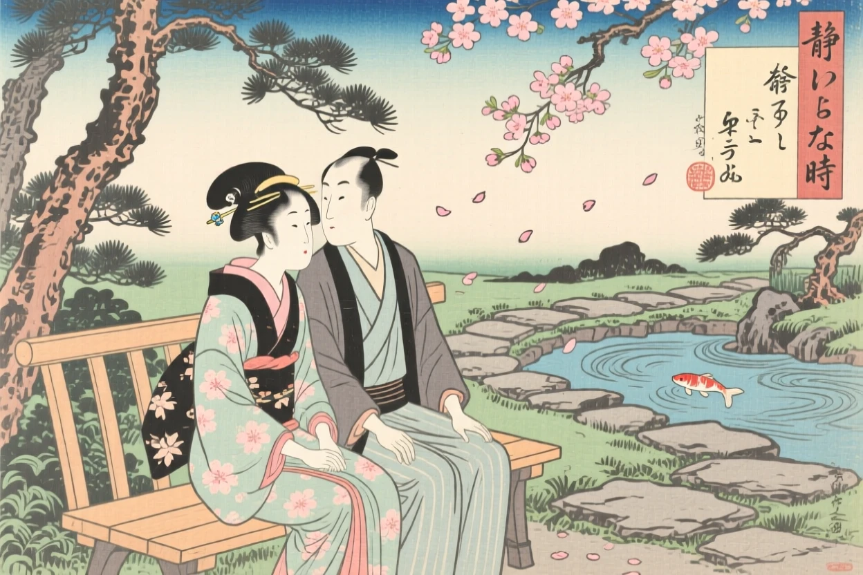 A young couple sharing a quiet moment on a garden bench.