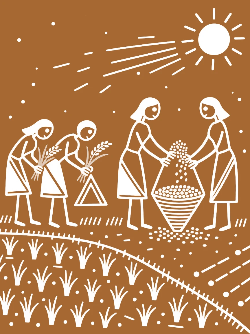A group of women transplanting rice seedlings separating grain from chaff in the afternoon breeze.