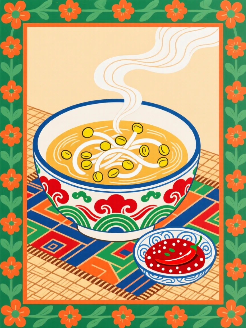 A bowl of bean sprout soup beside a small dish of chili paste.