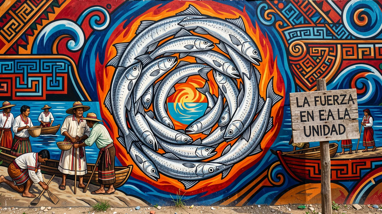 A school of silver fish swirling in a tight formation