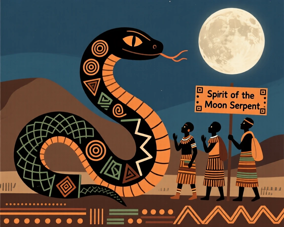 A mythical serpent spirit appearing to travelers beneath a full moon.