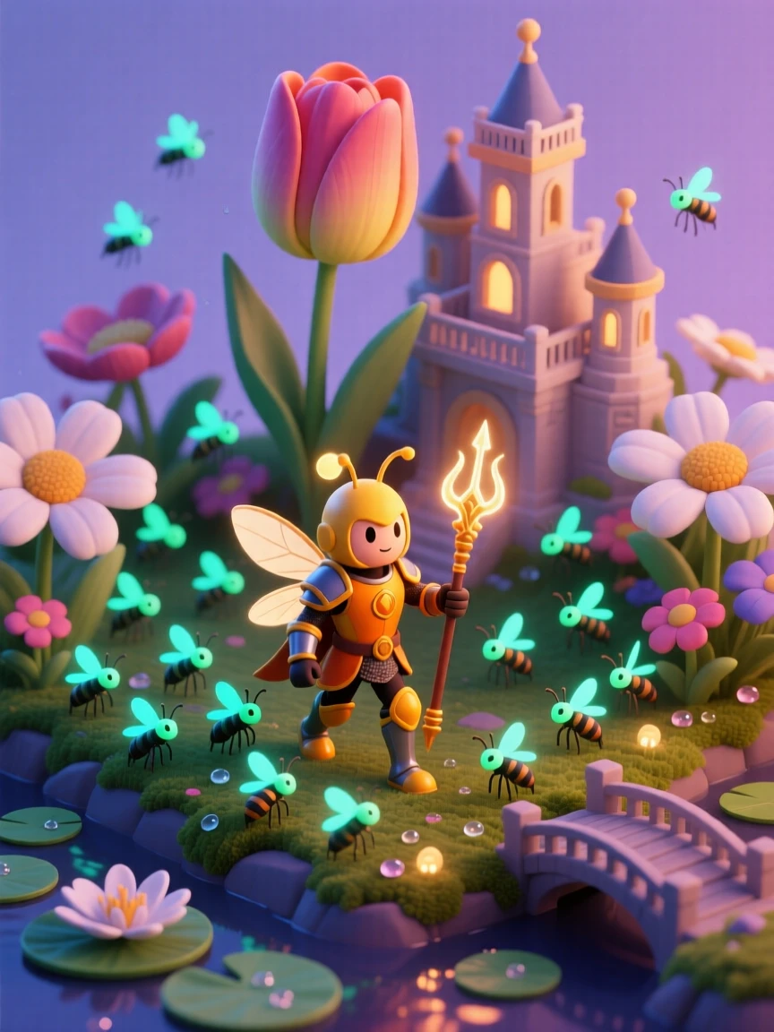 A brave firefly knight leading a swarm of glowing insects to defend a flower kingdom at dusk.