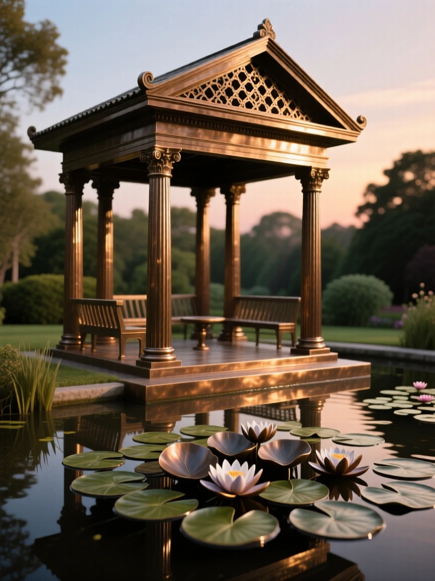 An elegant garden pavilion beside a lily-covered pond, glowing softly in the light of dusk, exuding timeless grandeur