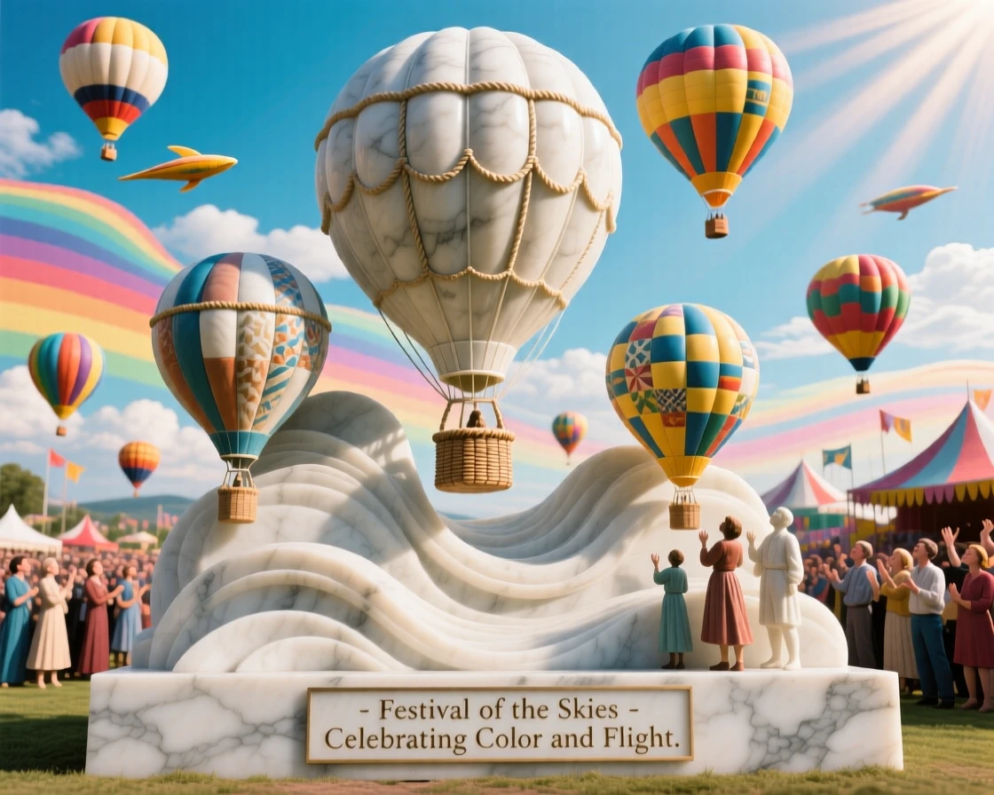 A vivid, emotionally rich scene of a hot-air balloon festival filling the sky with color, under a brilliant, colorful sky, designed to captivate and inspire