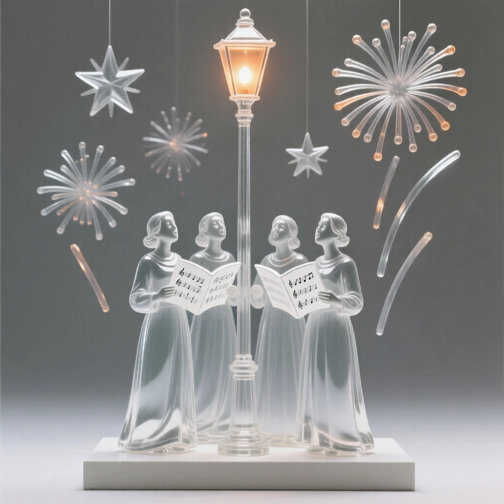 A group of carolers singing together beneath a streetlamp, with fireworks lighting up the summer sky