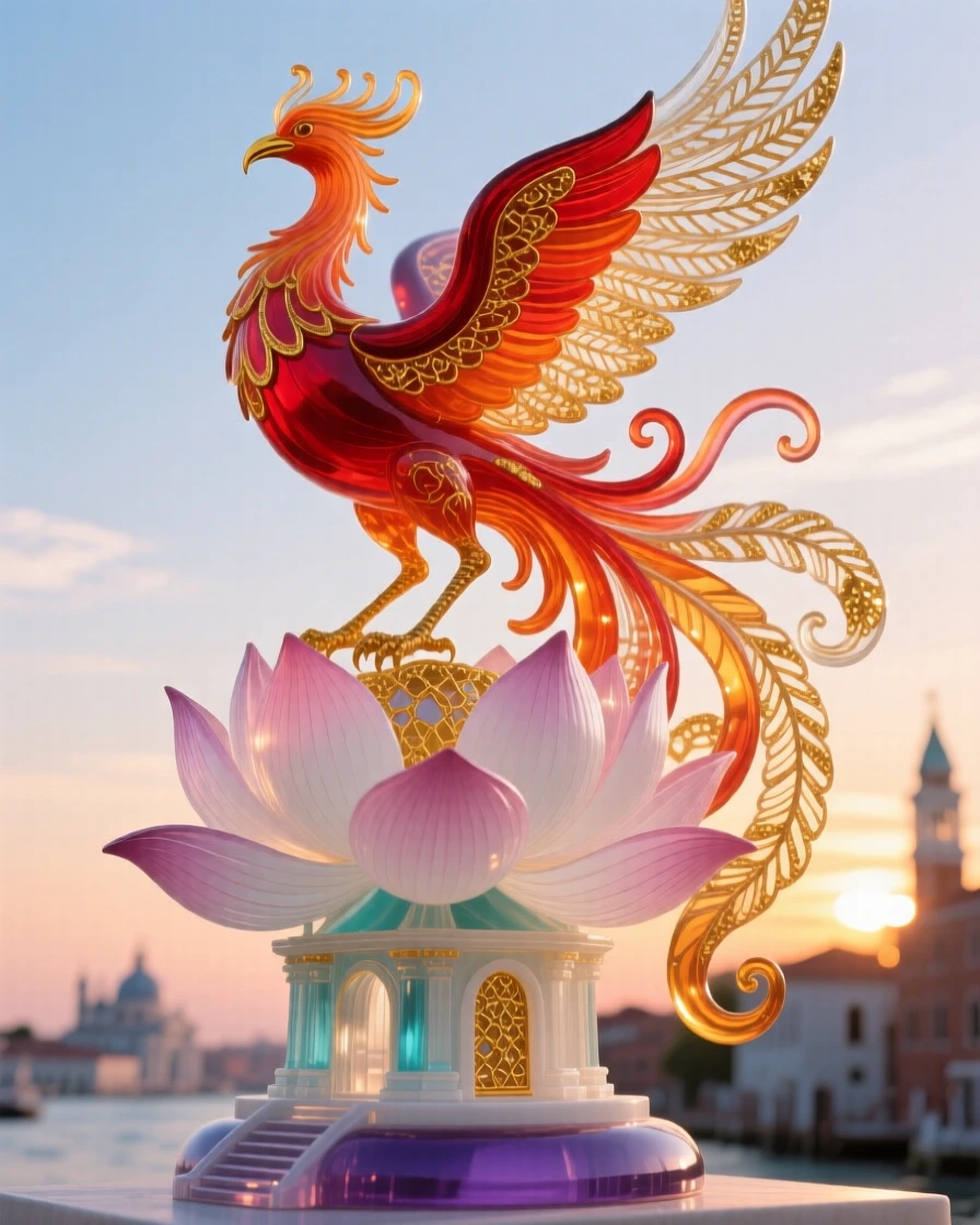 A grand phoenix perched atop a blooming lotus temple at sunrise, sacred and radiant.