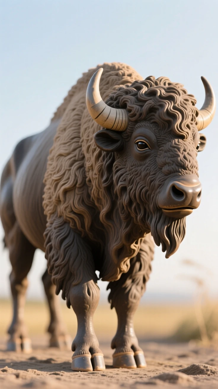 A bison standing firm against the wind stretched out in warm afternoon light, with a soft breeze lifting its fur, conveying calm strength and quiet pride.