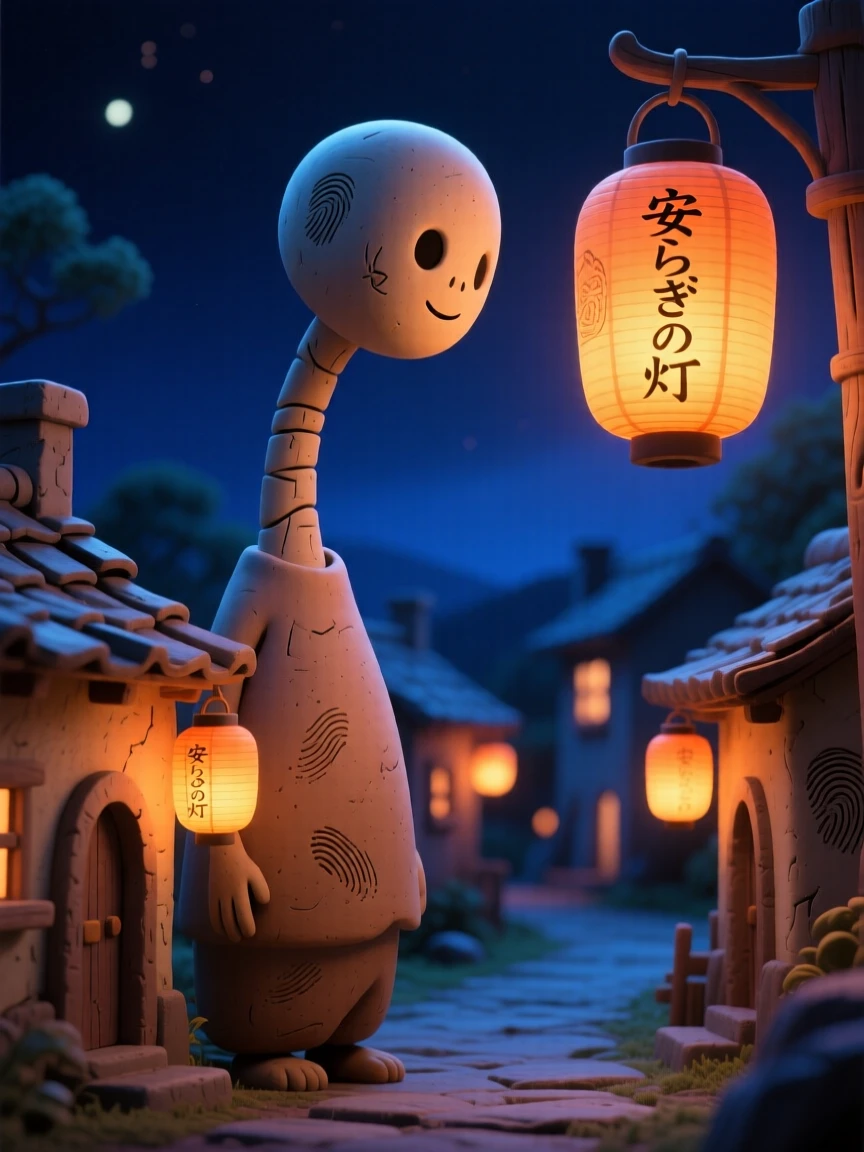 A rokurokubi spirit gazing over a lantern-lit village at night