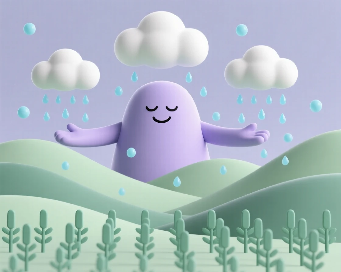 A wise mountain spirit shapes clouds into gentle rain to nourish a valley of thirsty crops below.