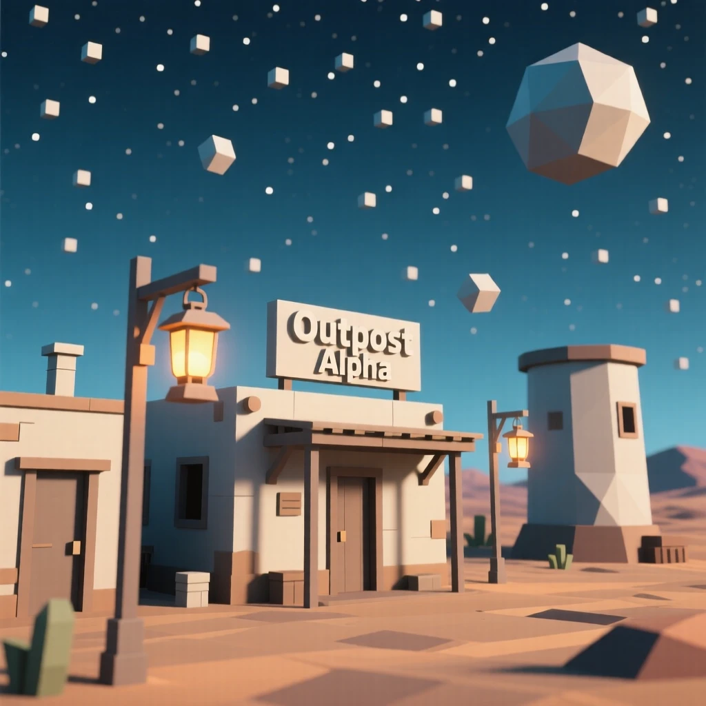 A remote desert outpost beneath a star-filled sky, as lantern light flickers to life at dusk. fine architectural details are rendered with clarity. The atmosphere is peaceful and inviting.
