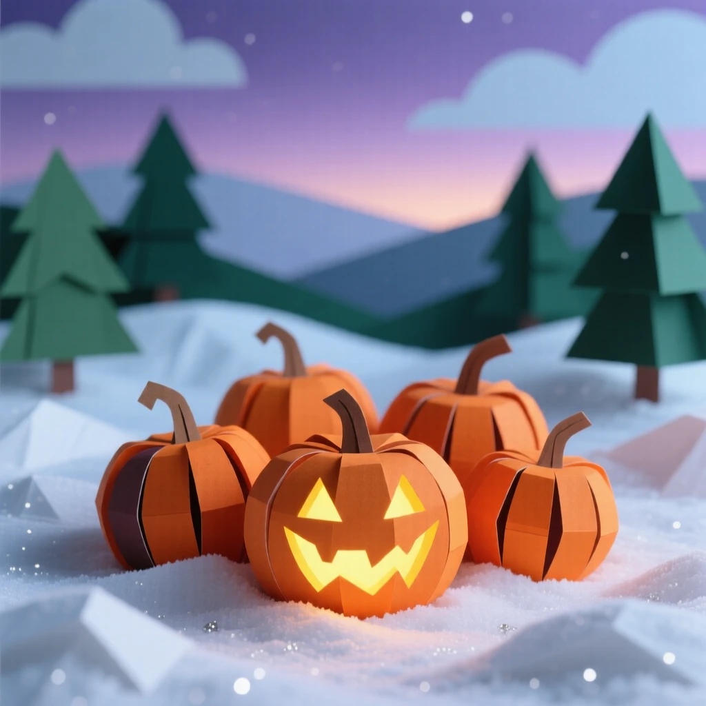 A glowing pumpkin patch at dusk framed by fresh-fallen snow, with festive treats displayed abundantly, conveying togetherness and celebration.