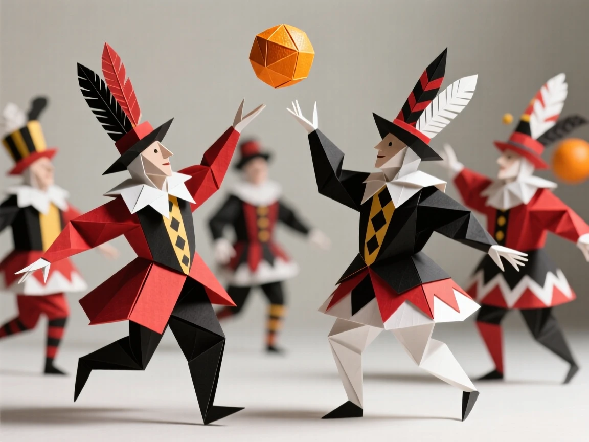 A Belgian Carnival of Binche scene with elaborately costumed performers tossing oranges.