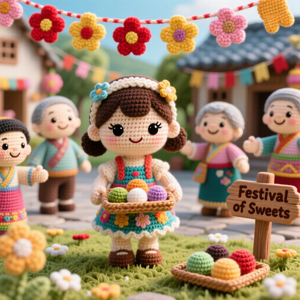 A festive cultural scene of a little girl carrying a tray of traditional sweets for a festival gathering, offering them to smiling neighbors within a village square decorated with flowers and ribbons; a small tray of traditional sweets nearby nearby, full of warm cultural pride and festive belonging.
