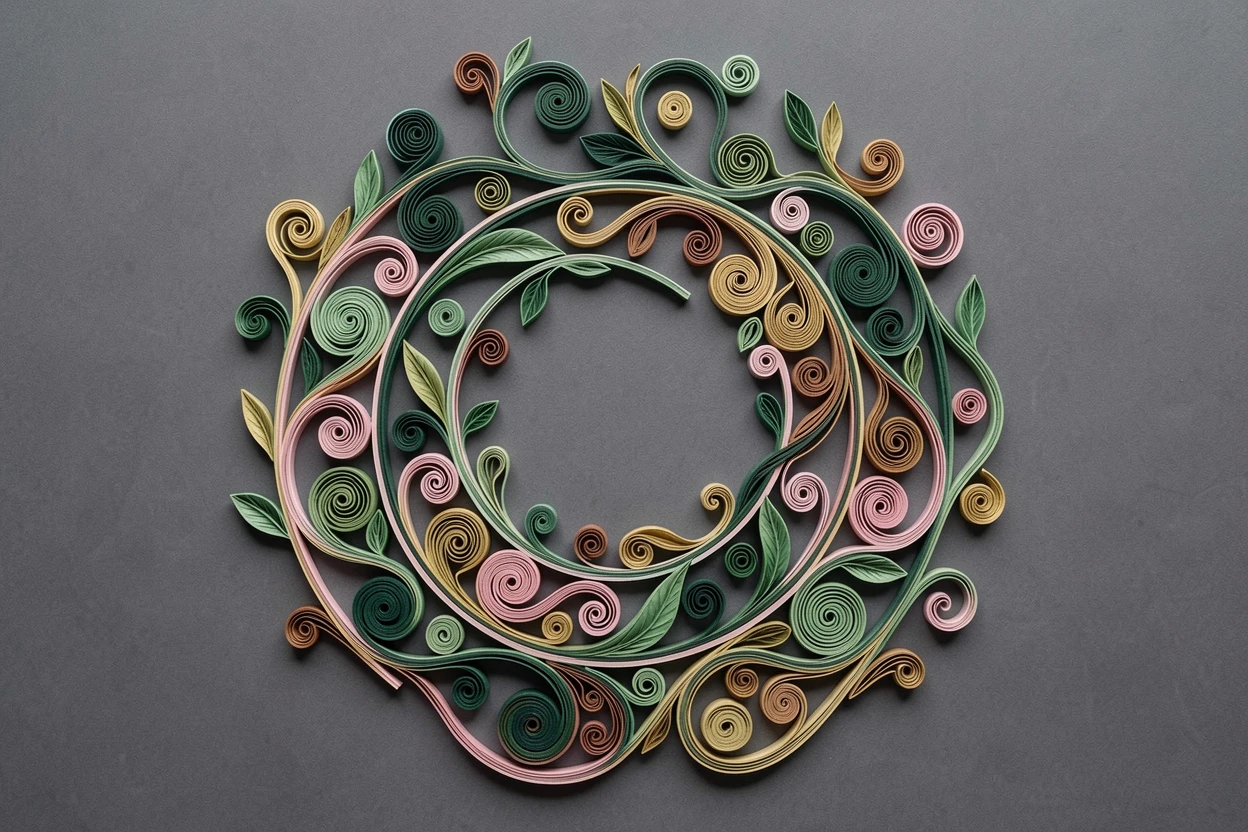 a swirling Art Nouveau vine pattern, centered on a soft charcoal grey surface, arranged in concentric layered rings, with fine hair-thin linework throughout.