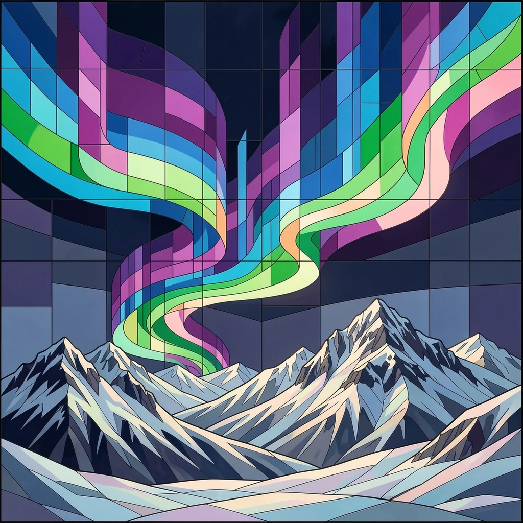 A dramatic close view of a vivid aurora borealis dancing over a snow-covered mountain range, glowing with rich cosmic color.