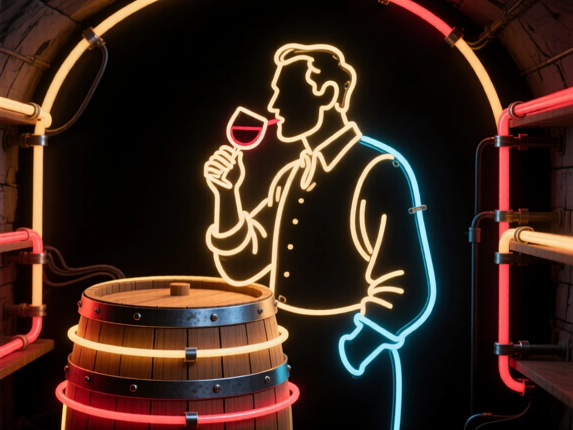 A vintner tasting wine straight from an oak barrel in a cellar.