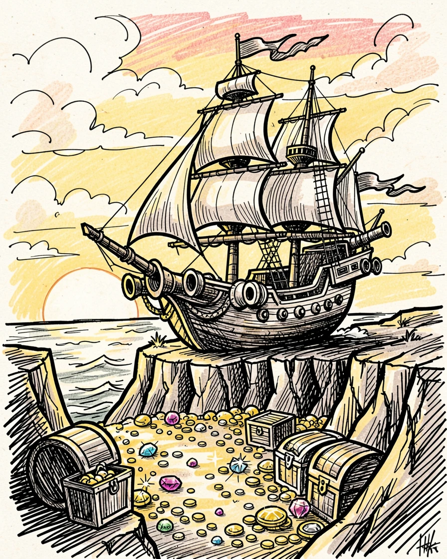 A pirate ship anchored beside a treasure-filled cove atop a cliff at sunset.