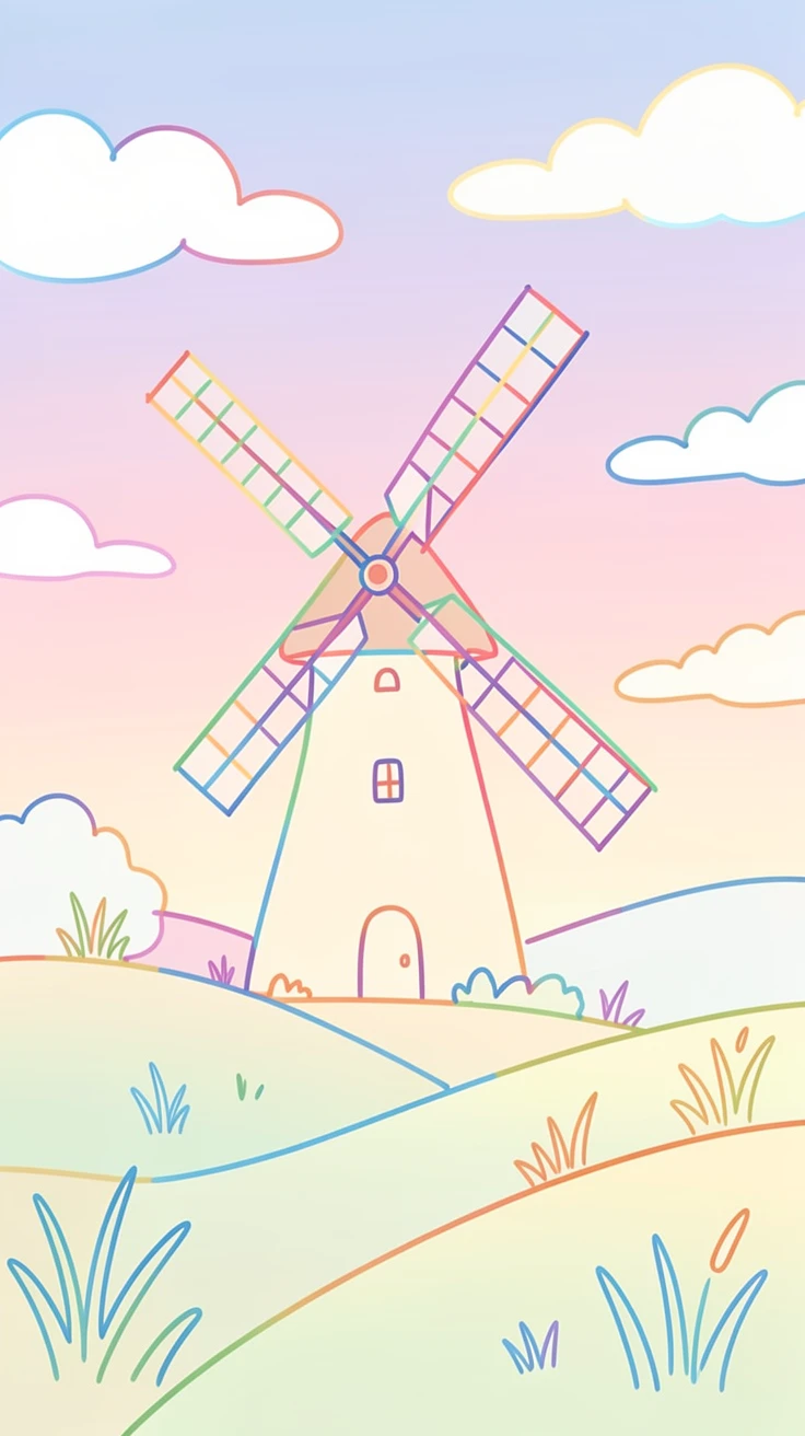 A quiet countryside windmill turning slowly beneath a pastel evening sky.