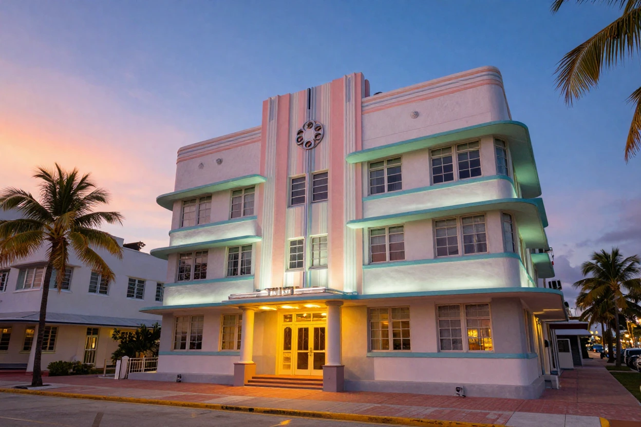 A Miami Beach art deco building glowing at dusk