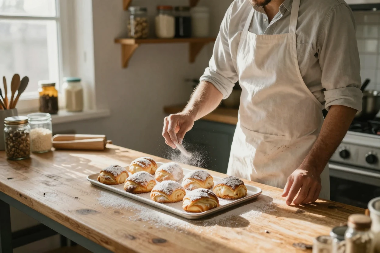 A baker dusts powdered sugar over a tray of fresh pastries in a morning kitchen.