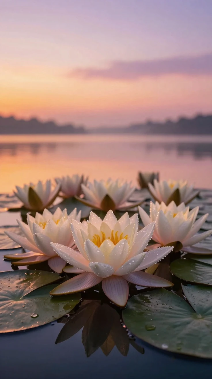 A cluster of water lilies glistening with fresh dew at sunrise