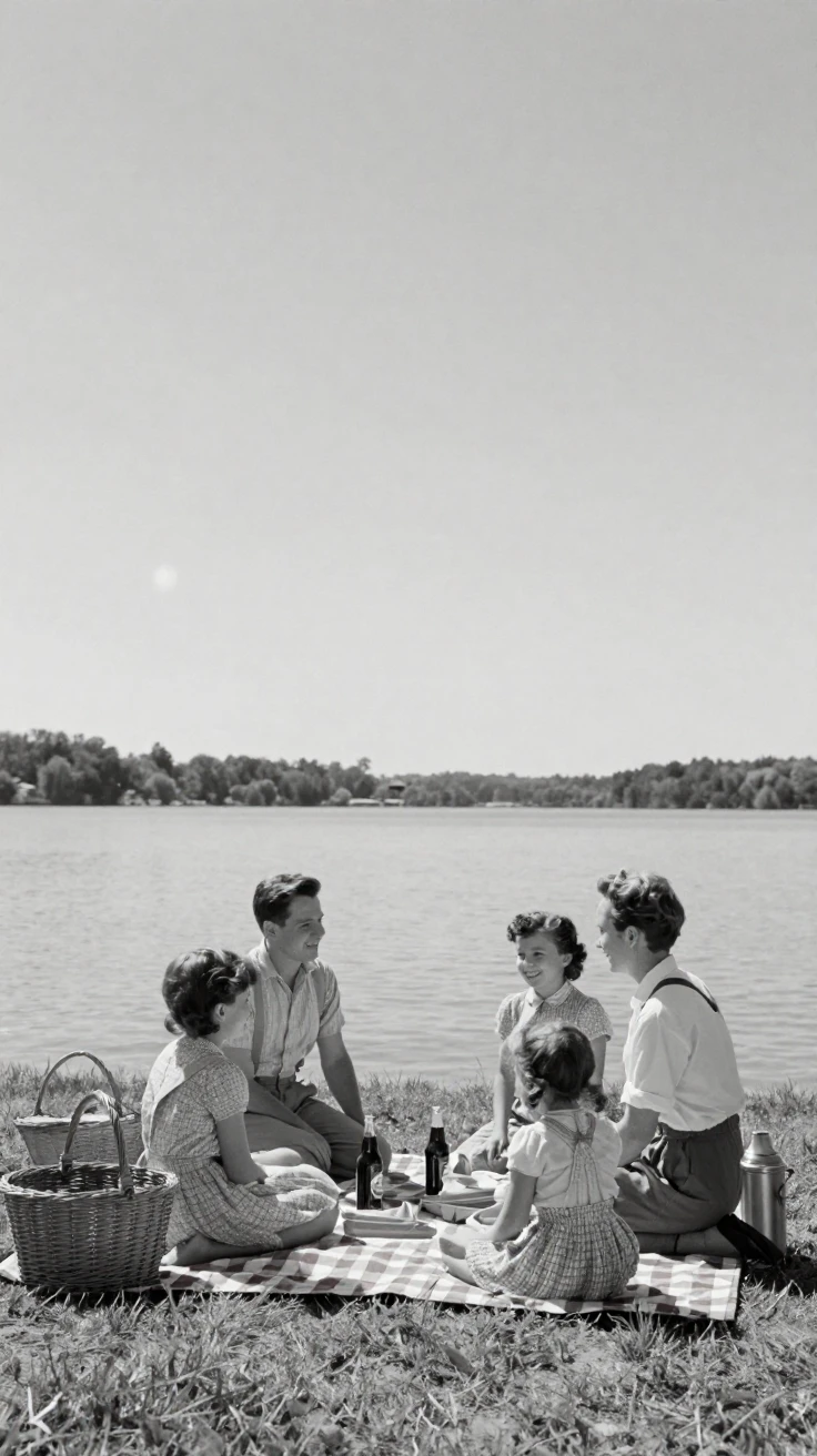 A family enjoying a picnic beside a sun-drenched lake, under a pale winter sky, on a clear, cloudless day, in summer, with stark black-and-white contrast softened by a single warm hue, captured from a low angle looking up.