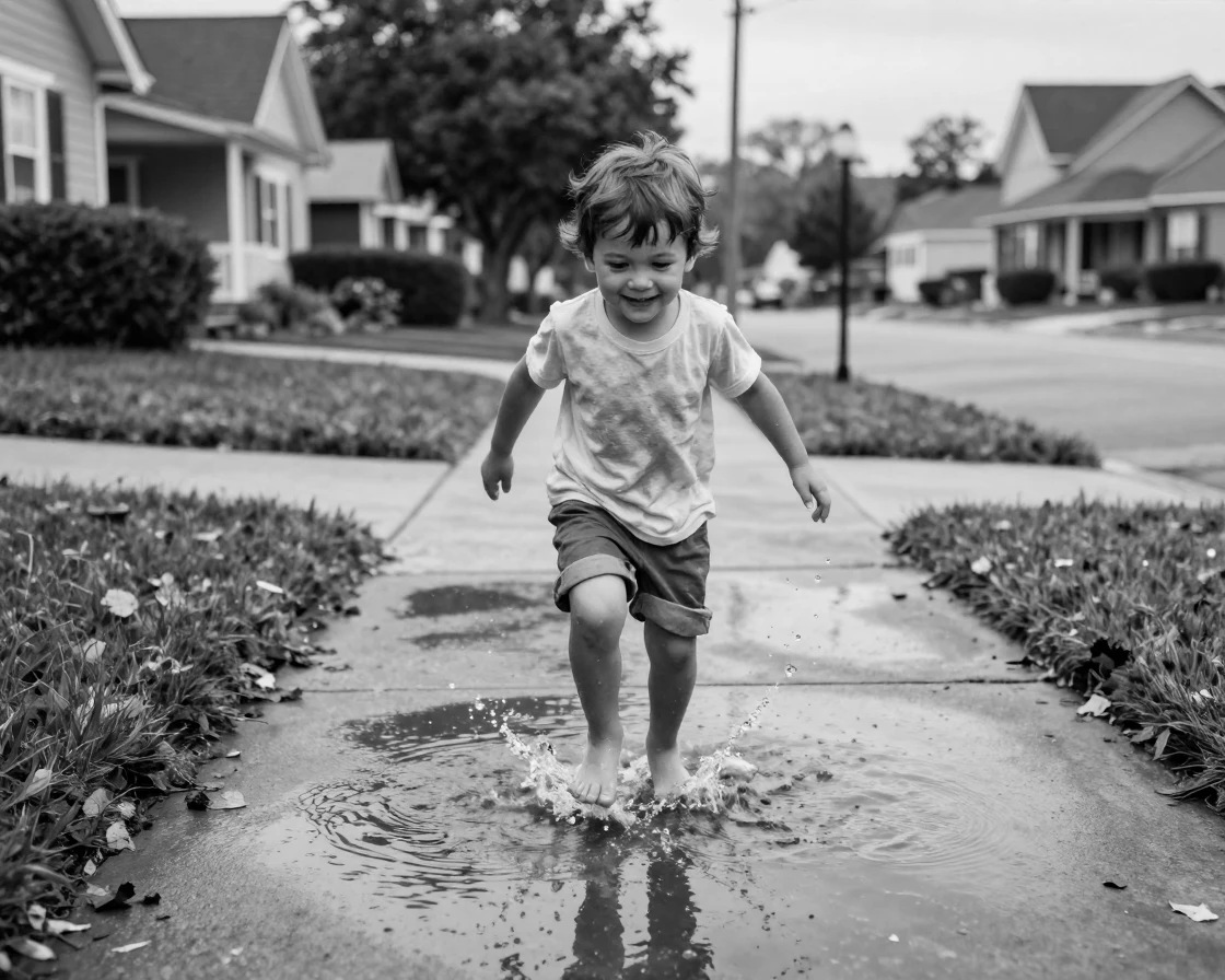 A barefoot child splashes joyfully through a puddle along a quiet suburban sidewalk.