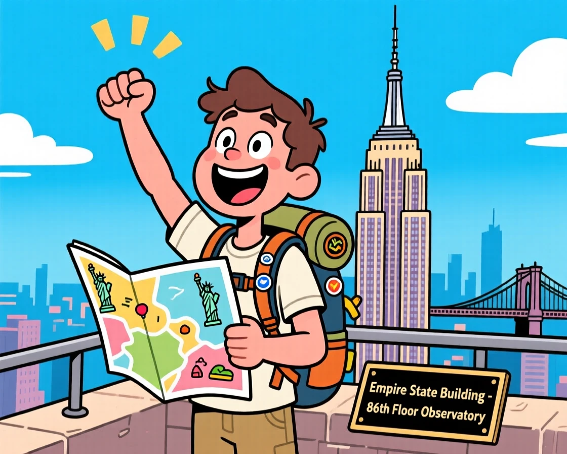 An iconic travel scene featuring a solo backpacker taking in the view from the top of the Empire State Building, with a map slightly askew in hand.