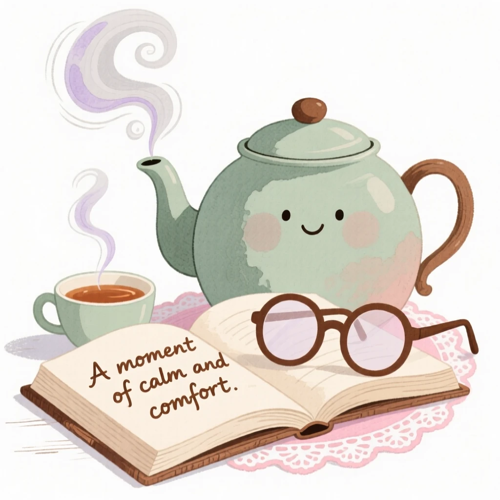 A cozy, appetizing, rustic and comforting scene of a steaming pot of tea beside an open book and reading glasses