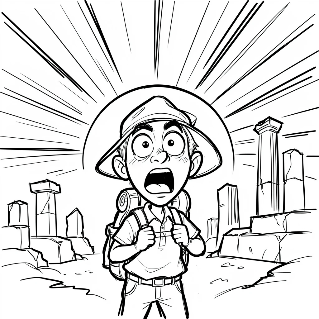 [Travel & Cultural Experiences] Vivid travel scene of a wide-eyed traveler watching a sunrise over ancient ruins, full of wonder and adventure