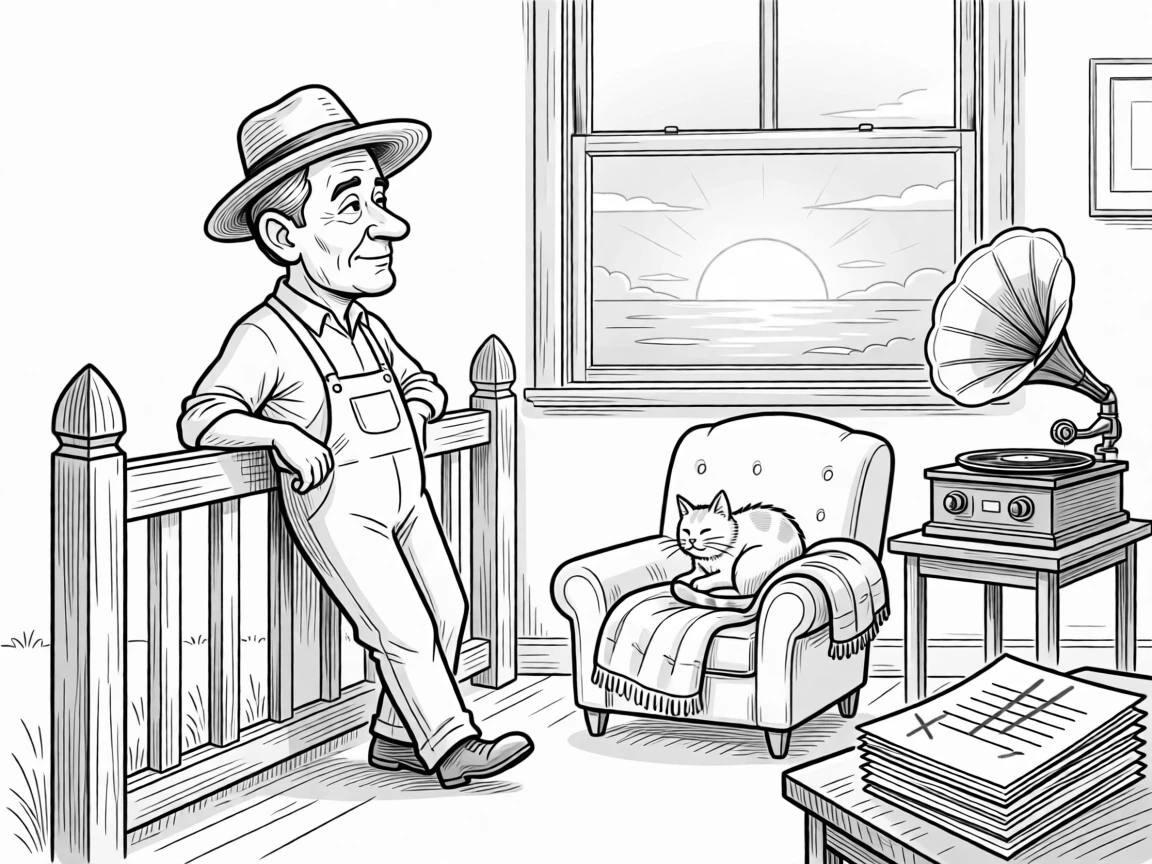 An old farmer leaning on a fence, watching the sunset, humming softly while the cat kneads a blanket, set in a cozy living room with an old record player. Red pen marks trail across a stack of essays. There's a gentle, timeless warmth to the whole moment.