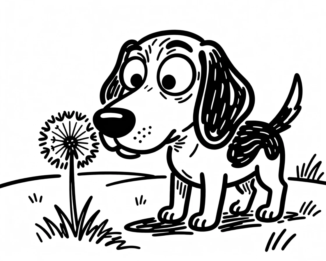 A beagle curiously sniffing a single dandelion in a sunny backyard.