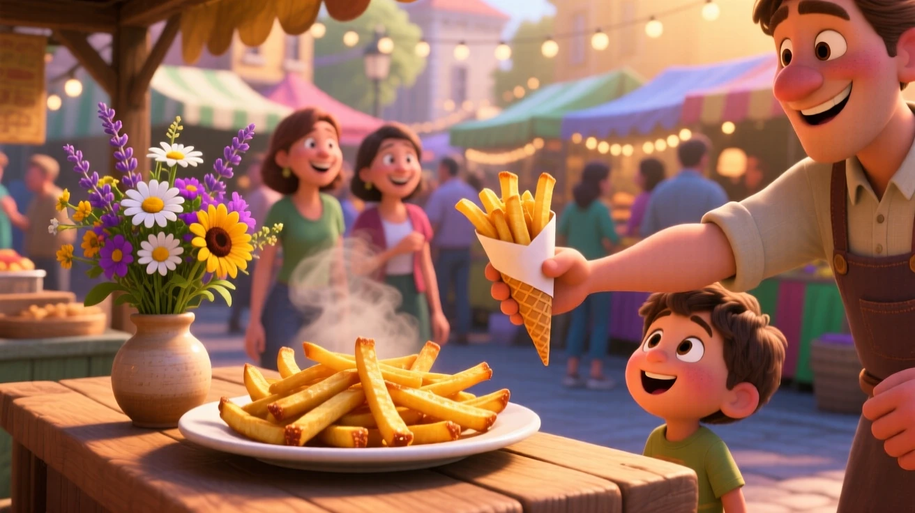 A plate of crispy golden fries sits at a bustling street food market stall, with a small vase of wildflowers nearby. A cheerful, mouthwatering warmth surrounds the dish.
